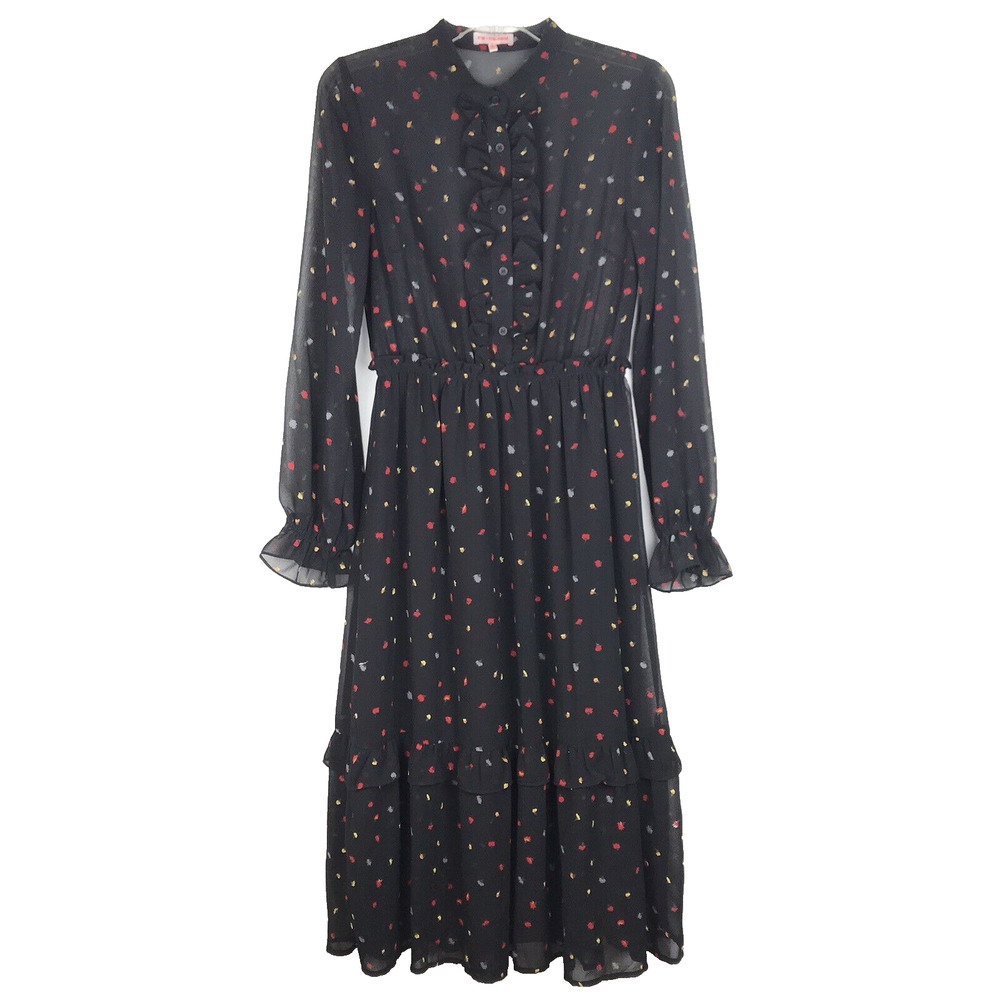 Re-named Tiered Midi Dress Long Sleeve Sheer Top Lined Skirt Black Floral Small